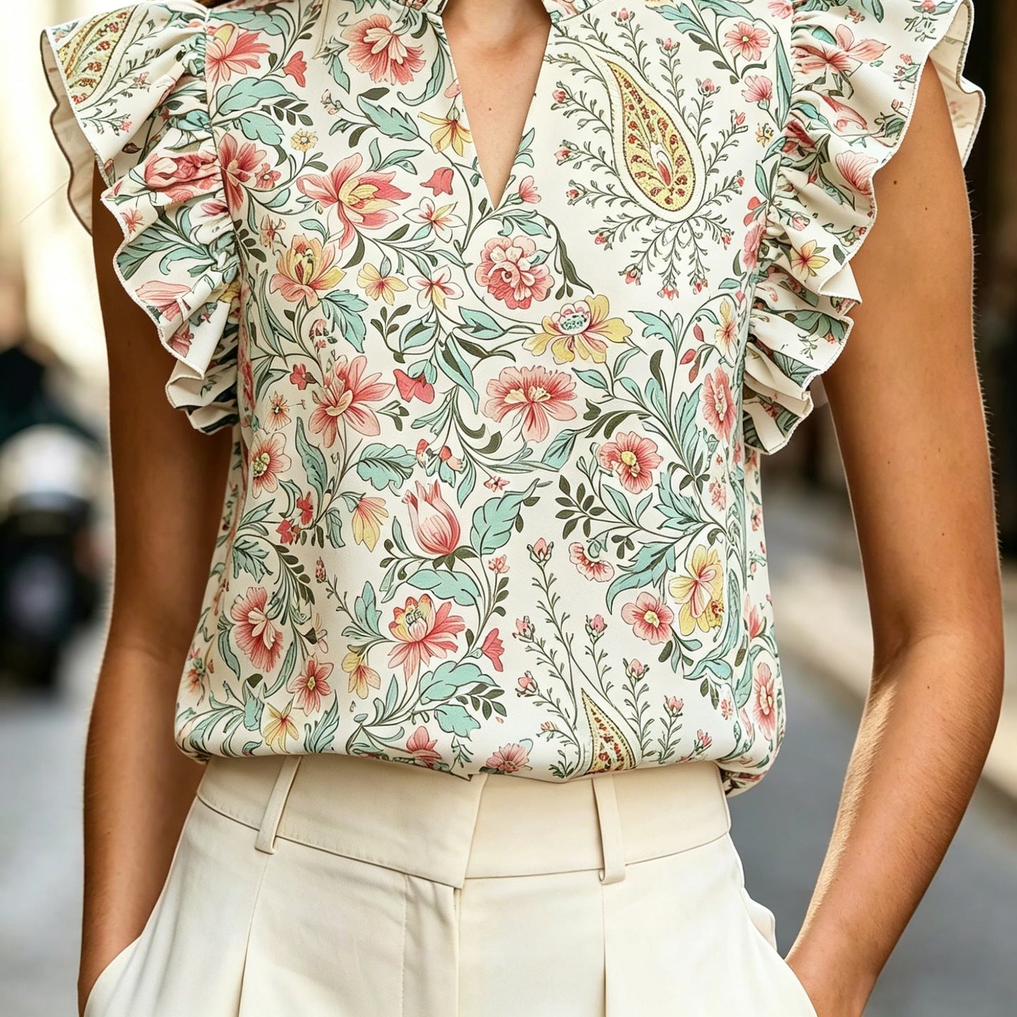 Women's Retro Ruffle-Trim Printed Sleeveless Top