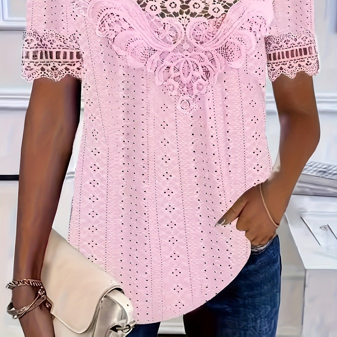 Women's Lace Patchwork Crew Neck Short Sleeve T-Shirt