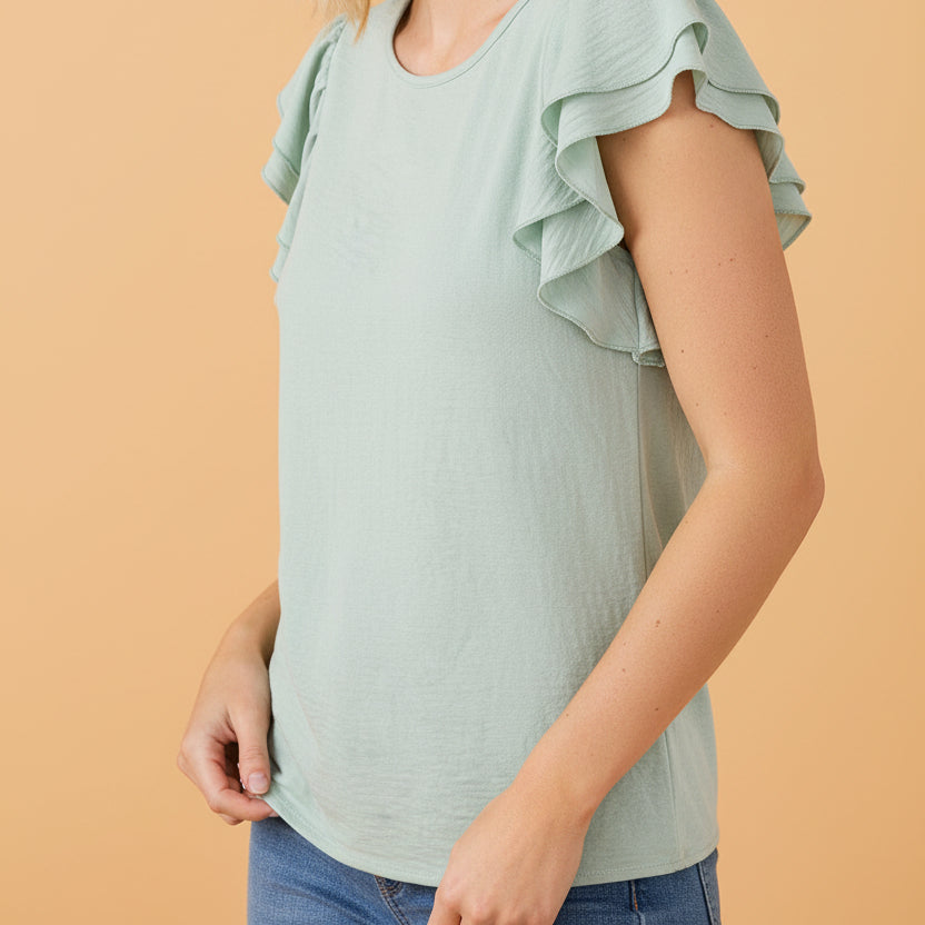 Solid Ruffle Short Sleeve Blouse
