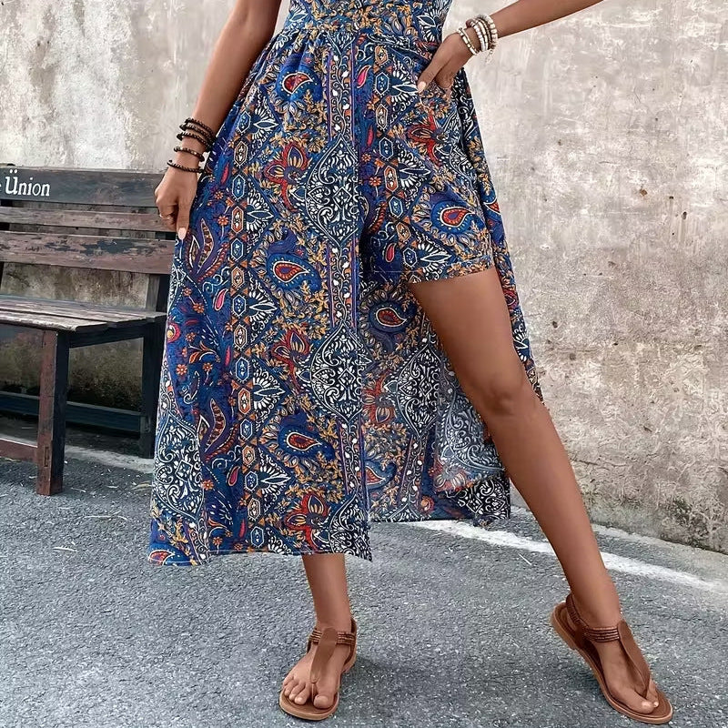 Women's Printed V-Neck Sleeveless Jumpsuit – Vacation Chic