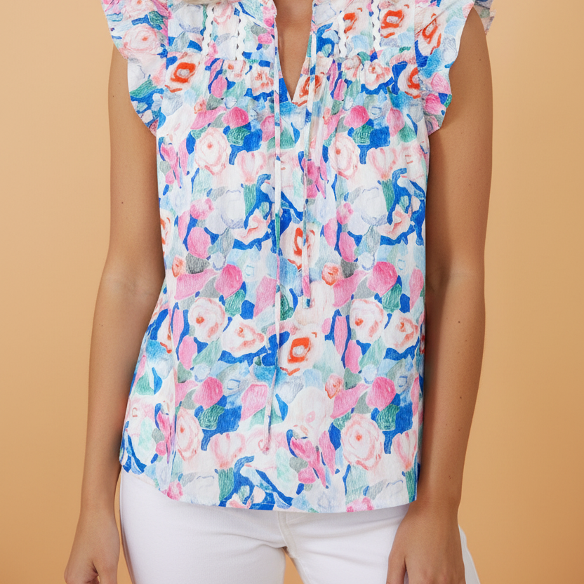 Floral Tie V-Neck Ruffle Short Sleeve Blouse