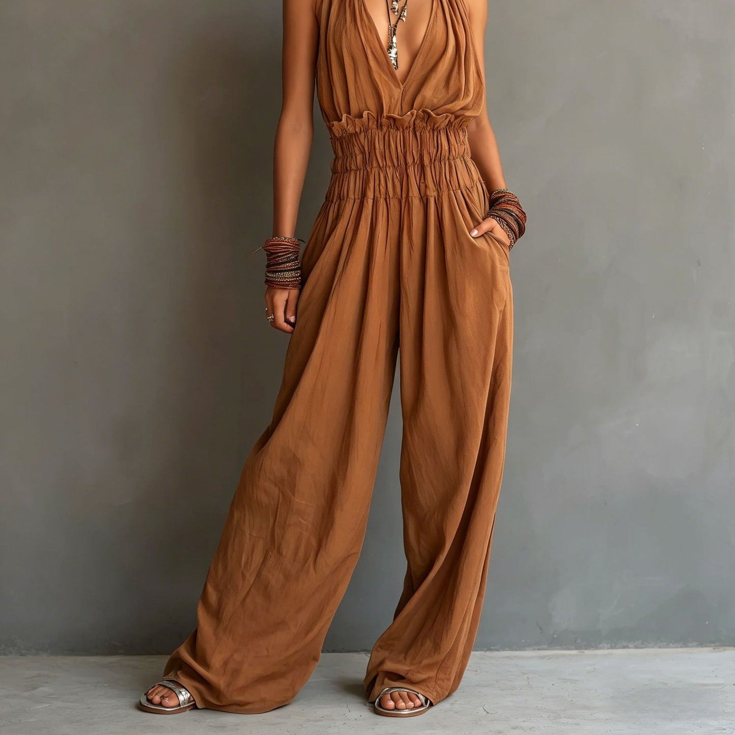 Women's V-Neck Halter Jumpsuit – Sleeveless Open Back Waist-Cinching