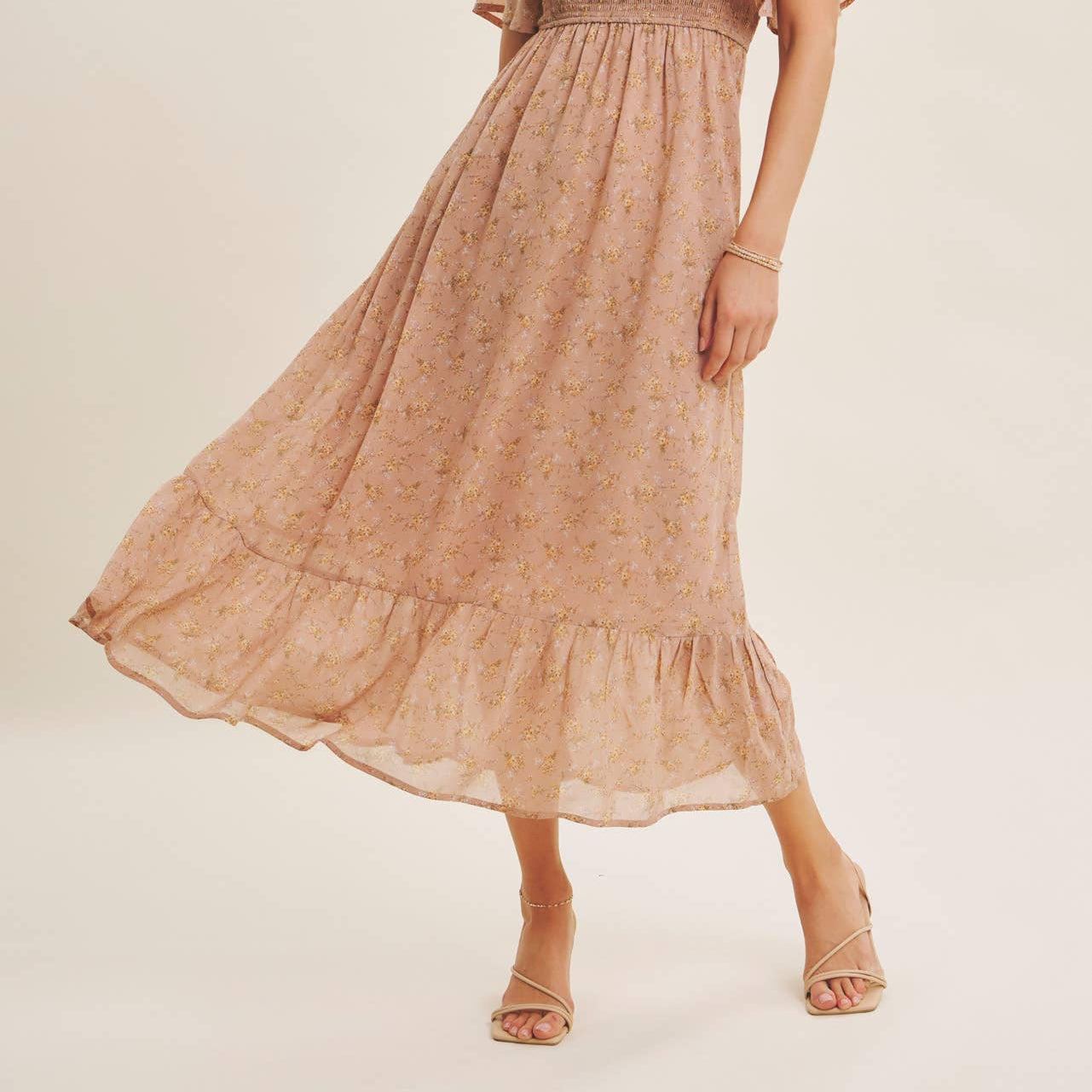 Ariana Square Neck Floral Chiffon Smocked Midi Dress