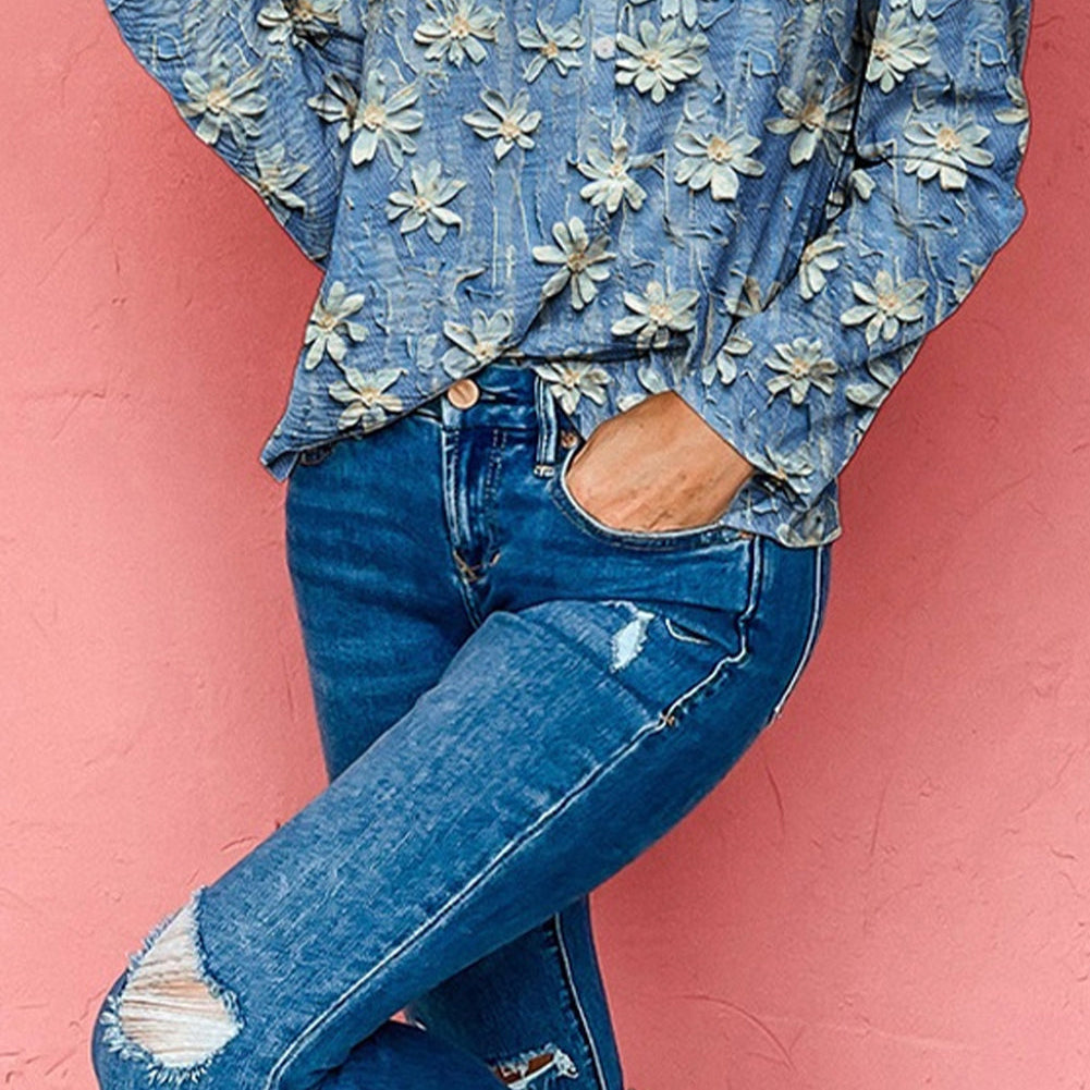 Floral Half Placket Collared V-Neck Blouse