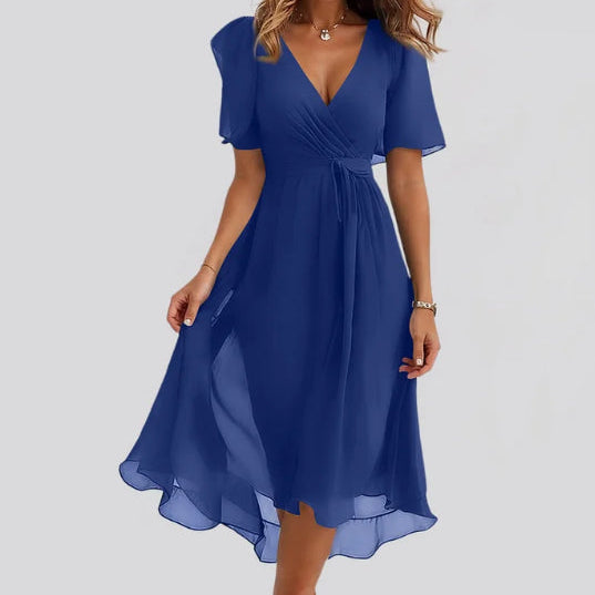 Chiffon Print V-Neck Dress – Elegant Two-Piece Set Midi Dress