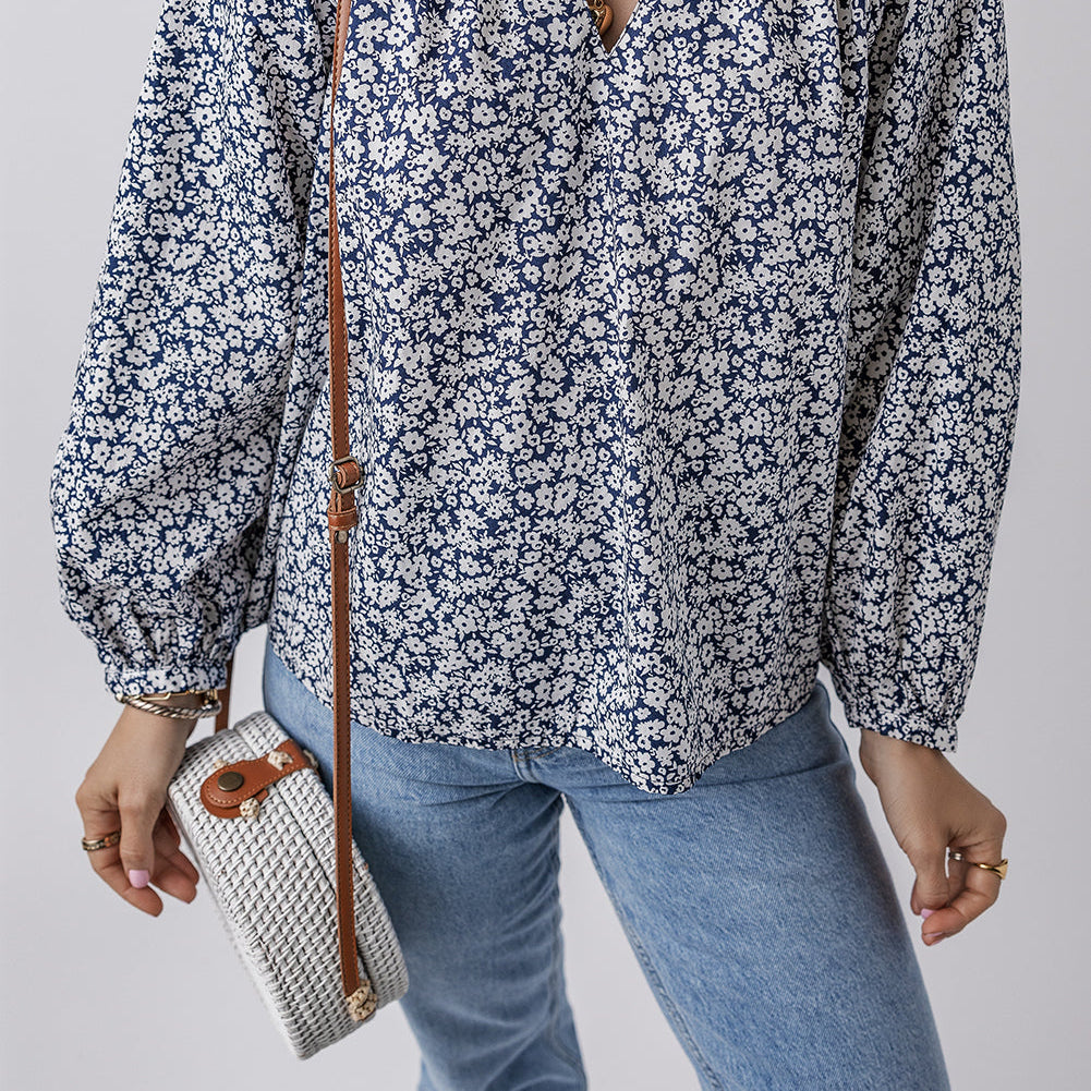 Floral V-Neck Puff Sleeve Blouse