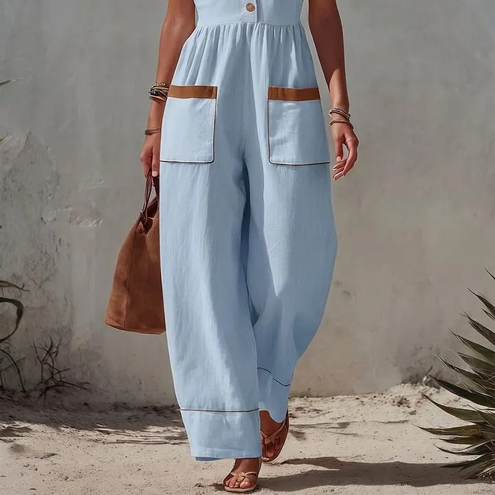 Women's Sleeveless Wide-Leg Jumpsuit – Loose Fit, V-Neck, Cotton Linen