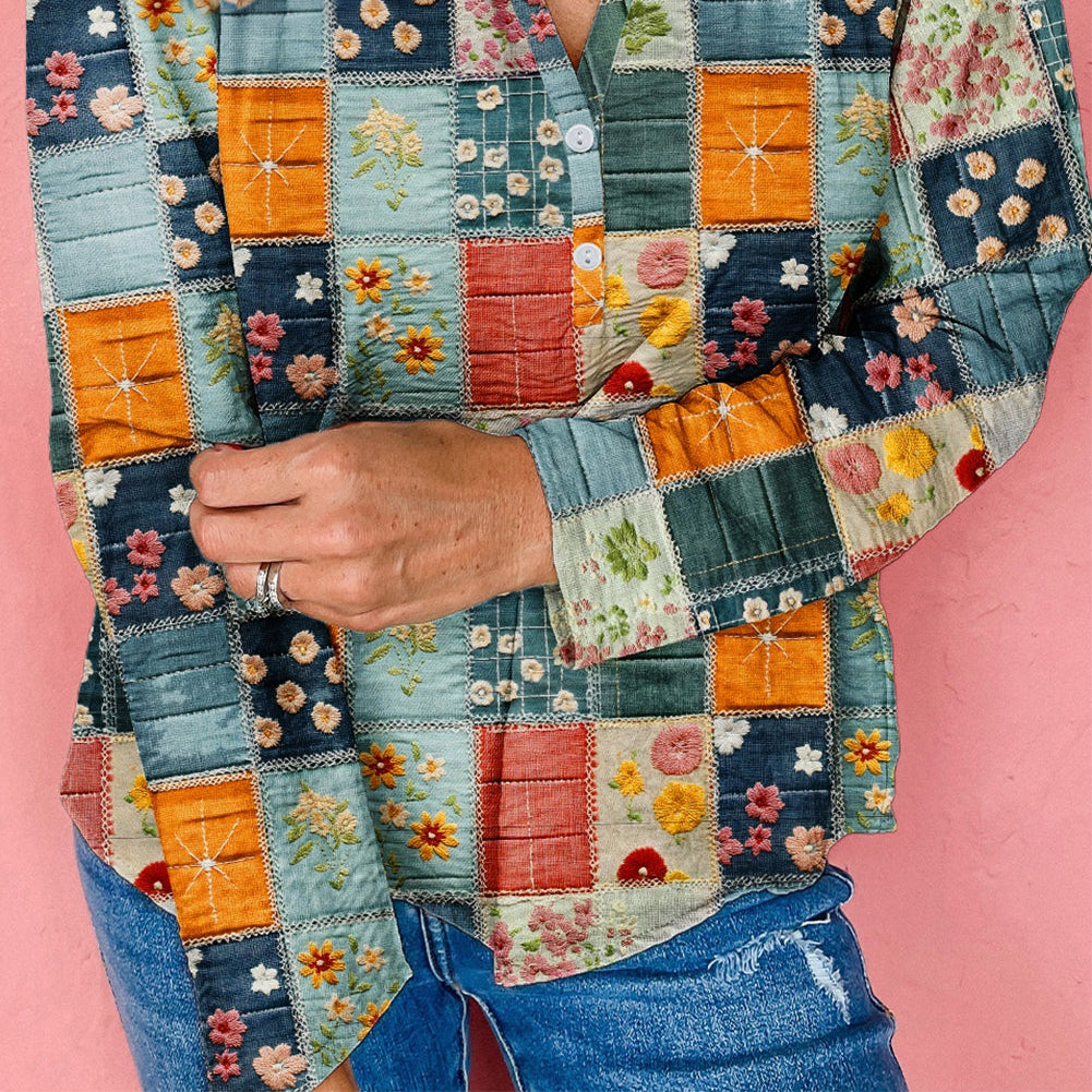 Floral Half Placket Collared V-Neck Blouse