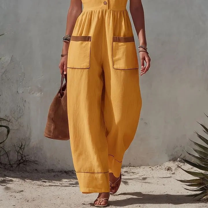 Women's Sleeveless Wide-Leg Jumpsuit – Loose Fit, V-Neck, Cotton Linen