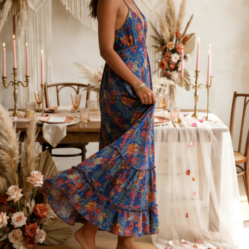 Elegant V-Neck Floral Print Maxi Dress