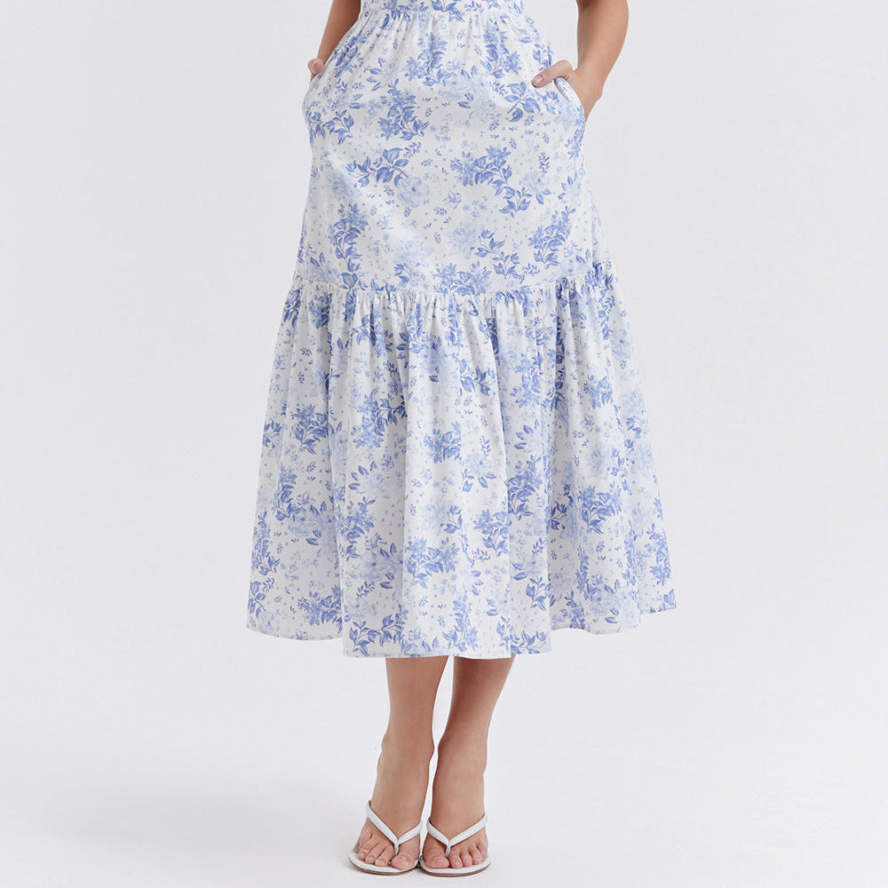 Sweet and spicy wind suspender solid color A pendulum floral dress women