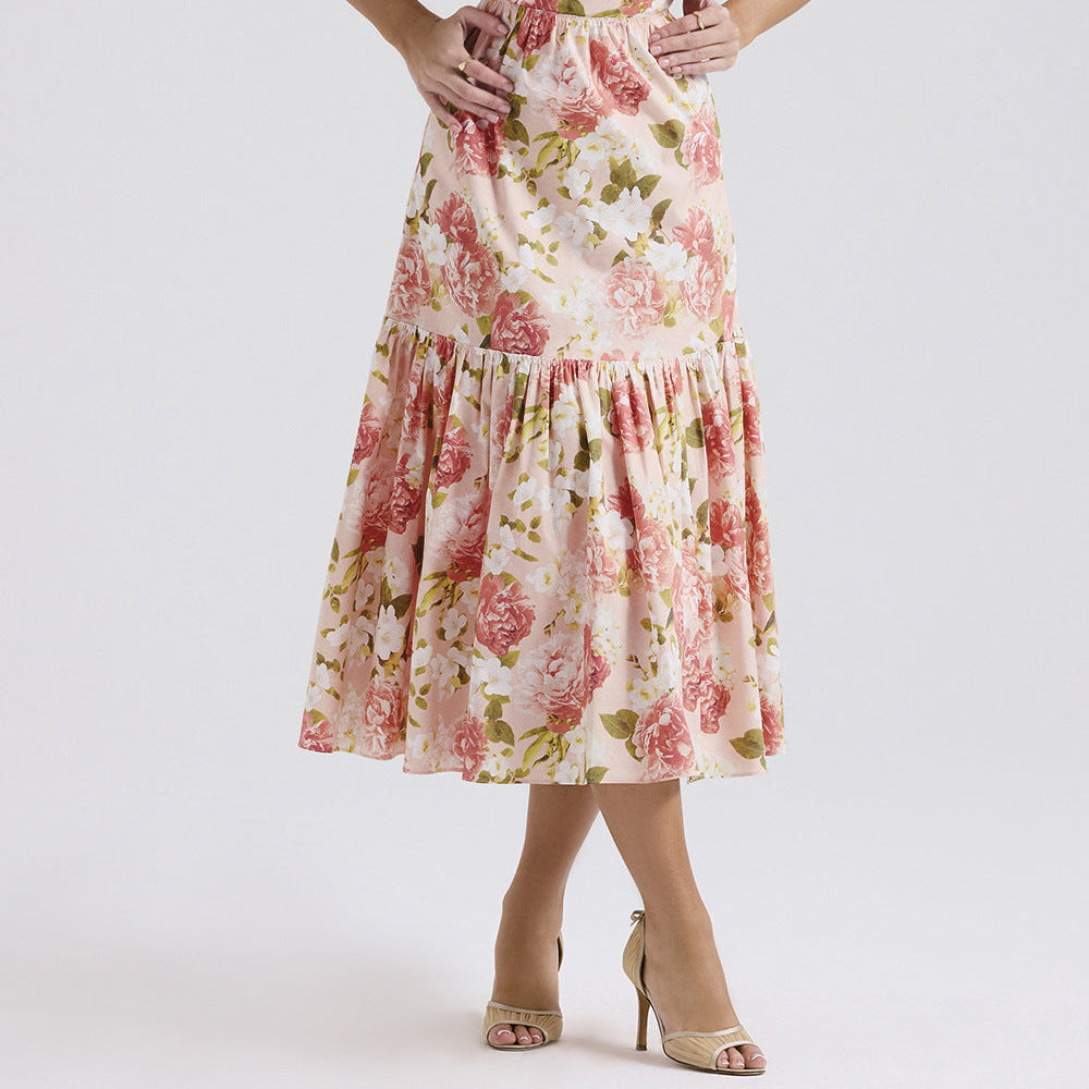 Sweet and spicy wind suspender solid color A pendulum floral dress women
