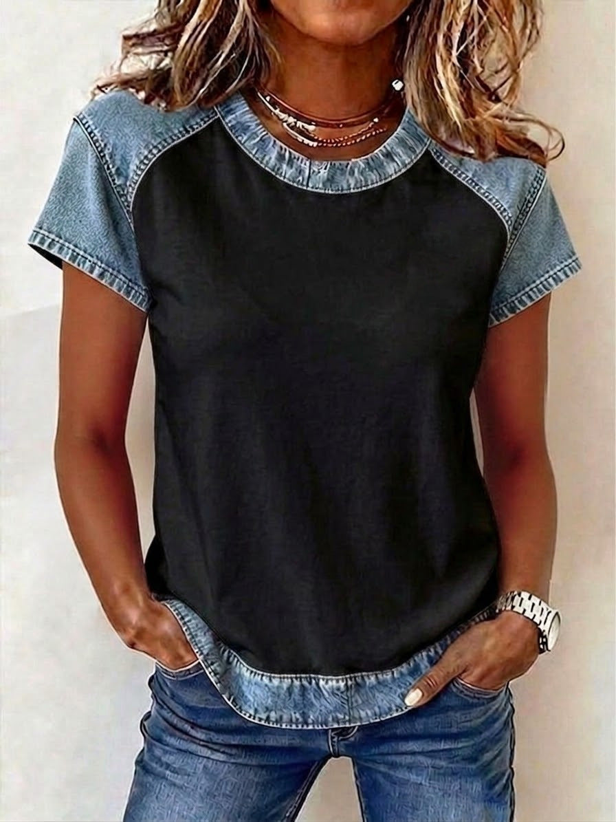 Women's Retro Denim Patchwork Short-Sleeve Shirt – Loose Fit