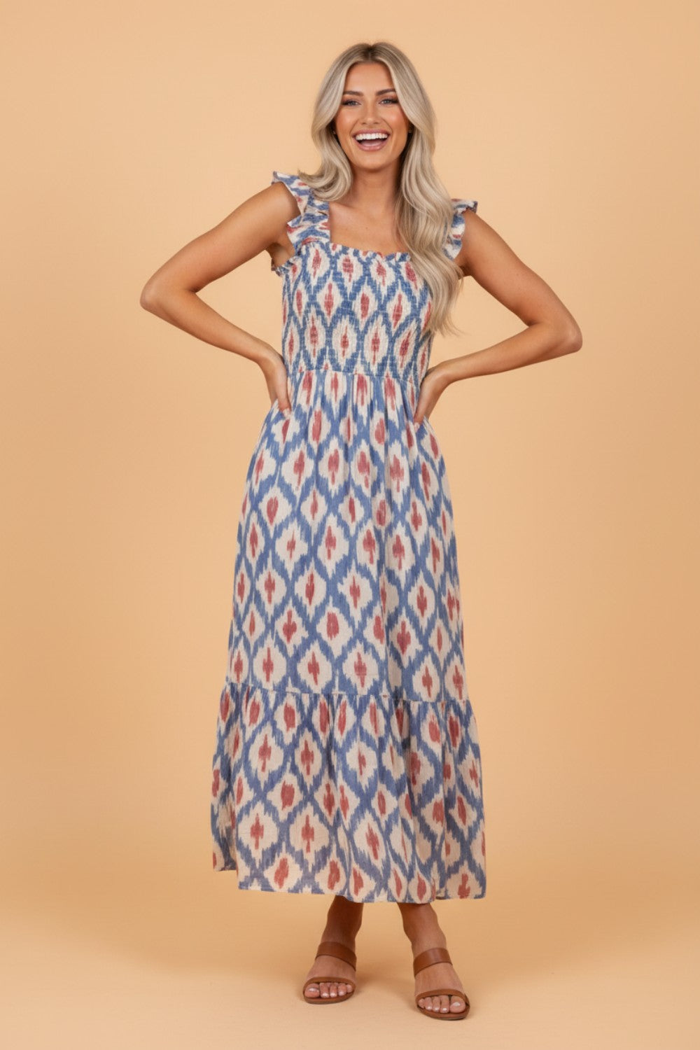 Boho Geometric Smocked Square Neck Ruffle Dress