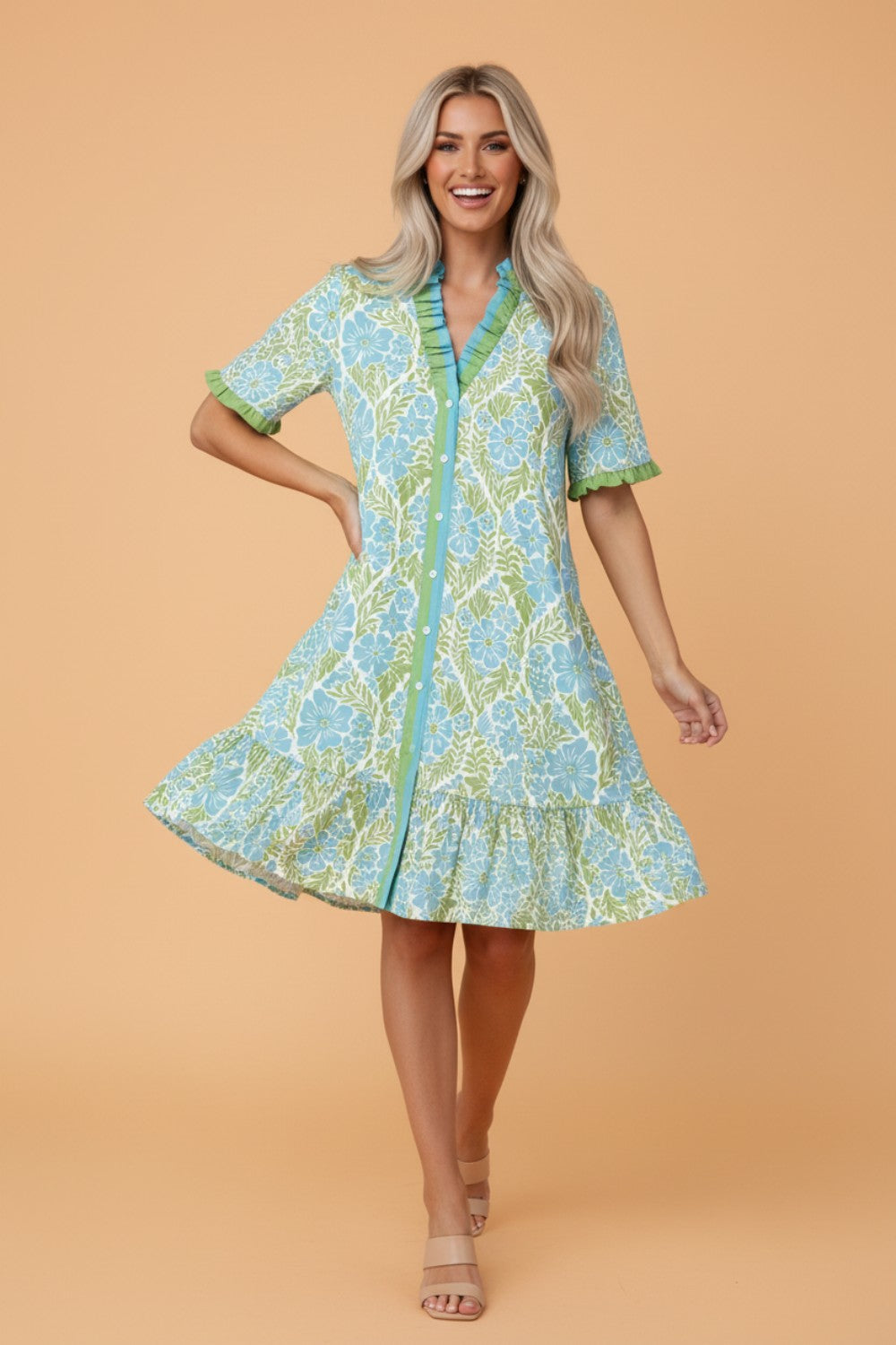 Floral Frilled V-Neck Button Front Dress