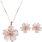 Pink Cat Eye Cherry Blossom Pendant Necklace Stud Earring Set for Women Elegant Delicate Rhinestone Sakura Flower Sweet Dainty Love Heart Petals Floral Choker Prom Party Bride Wedding Jewelry for Her