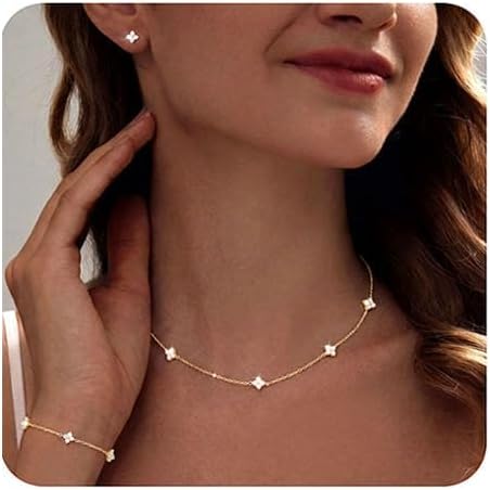 ORAZIO Dainty Silver Gold Jewelry Set for Women Trendy 14K Gold Plated CZ Flowers Pendant Choker Necklaces for Women Stud Earrings Link Bracelets Stack Jewelry Gifts for Wedding Prom Brides