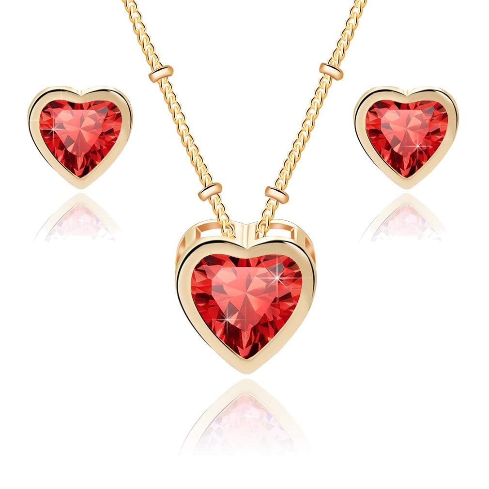 EVEVIC Austrian Crystal Heart Pendant Necklace Earrings for Women 14K Gold Plated Hypoallergenic Jewelry Set