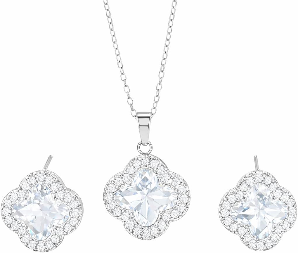 Four Leaf Clover Necklace and Earrings Set for Women, Clover Jewelry Set with Pendant Necklace and Stud Earrings, Brilliant Cubic Zirconia, Polished Metal Setting, Hypoallergenic, & Lightweight