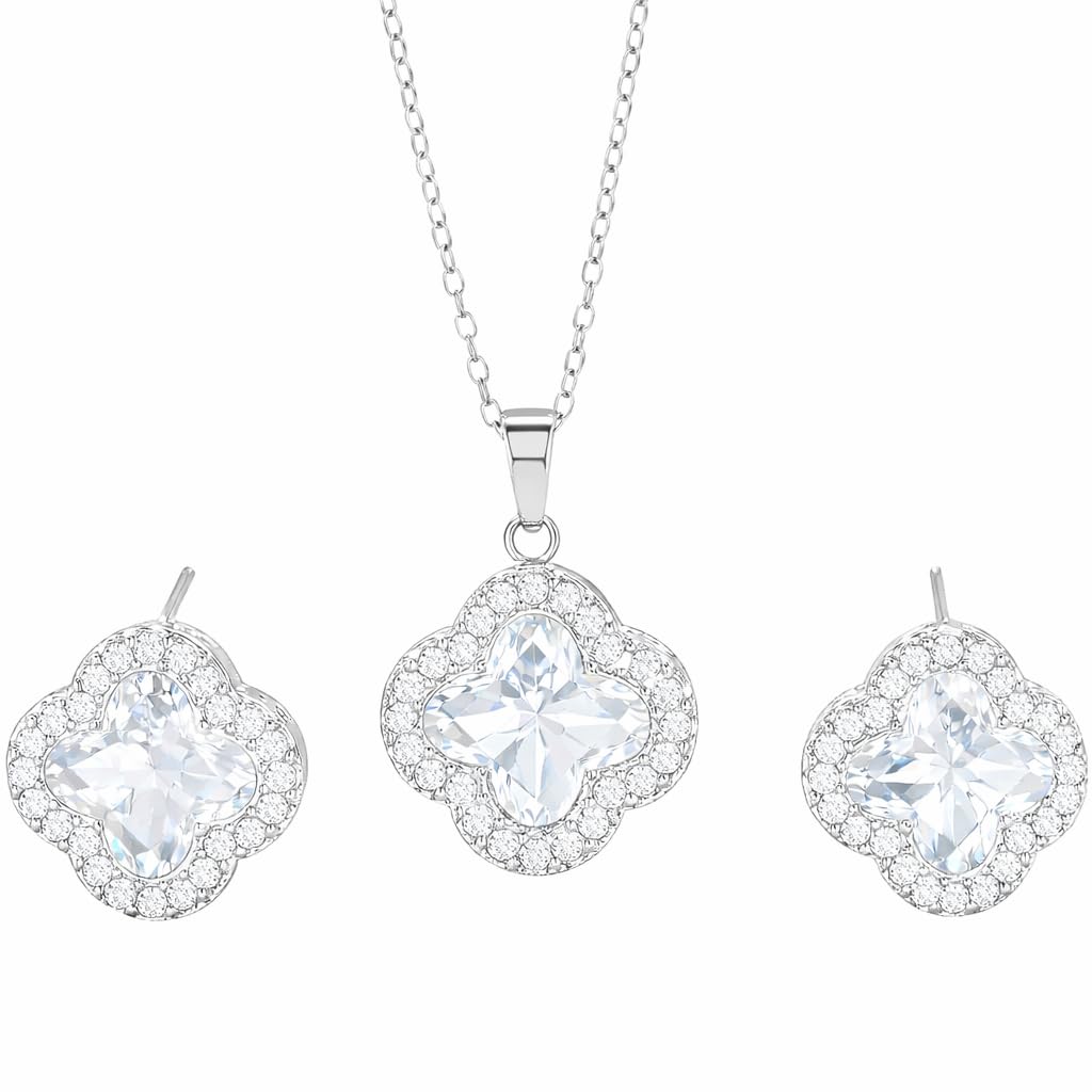 Four Leaf Clover Necklace and Earrings Set for Women, Clover Jewelry Set with Pendant Necklace and Stud Earrings, Brilliant Cubic Zirconia, Polished Metal Setting, Hypoallergenic, & Lightweight
