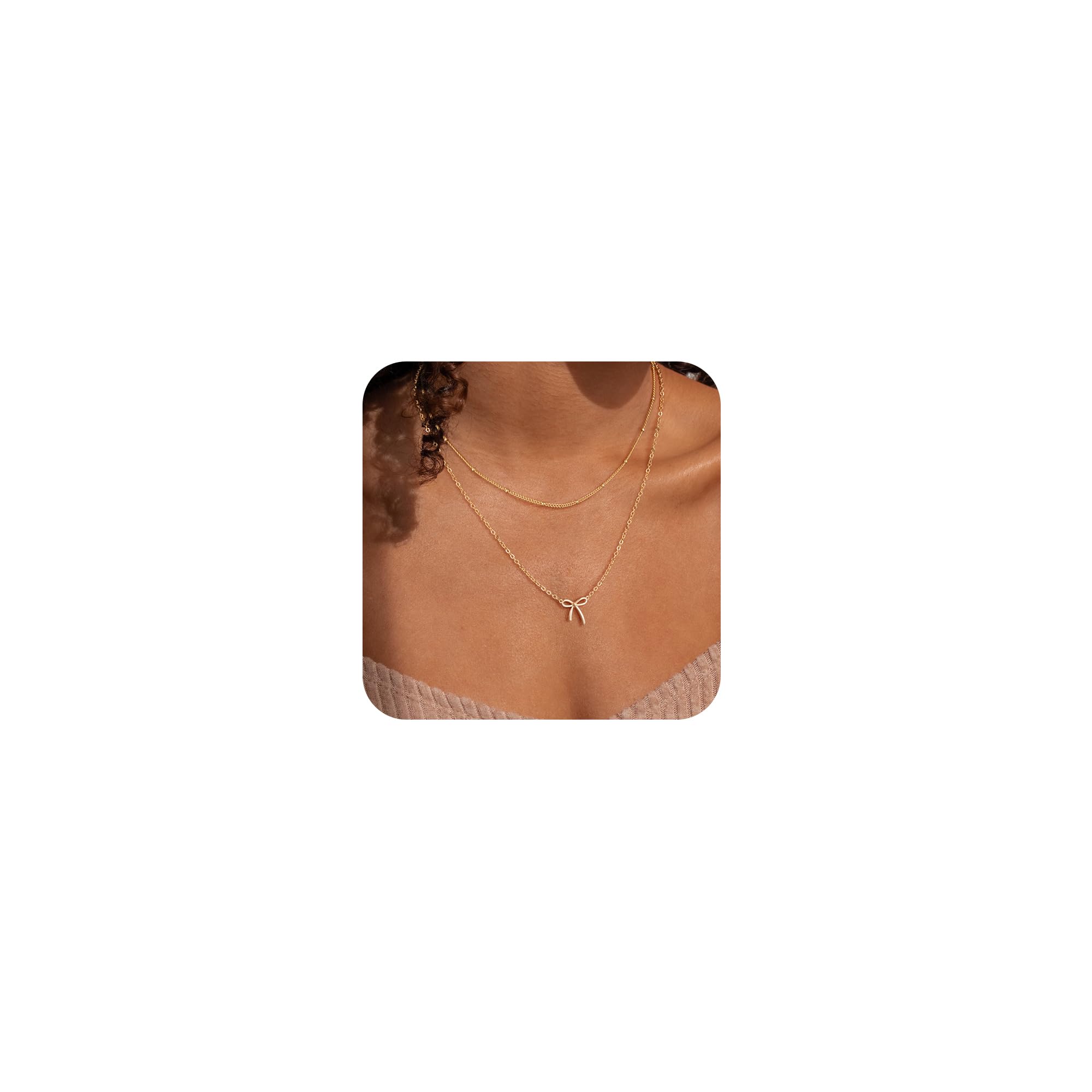 CAROVO Gold Necklace for Women Bow Necklace 14K Dainty Layered Gold Necklace Cute Small Cubic Zirconia Bow Pendant Choker Chain Necklace Trendy Necklace Jewelry Gift for Women