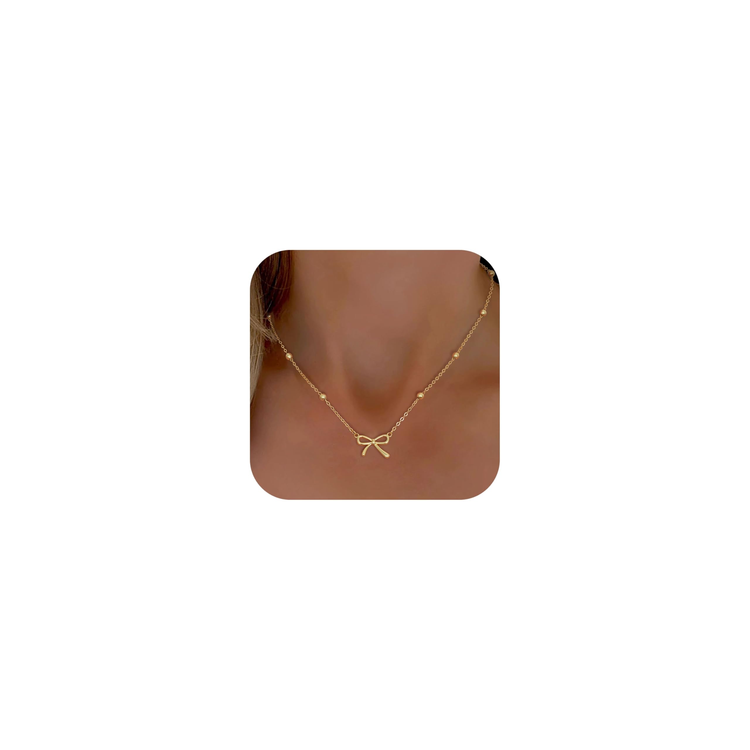 Thaivor Necklace for Women Dainty Bow Necklace 14K Gold Plated Cute Choker Small Pendant Charm Necklaces Teen Gift Trendy Stuff Personalized Jewelry Gifts