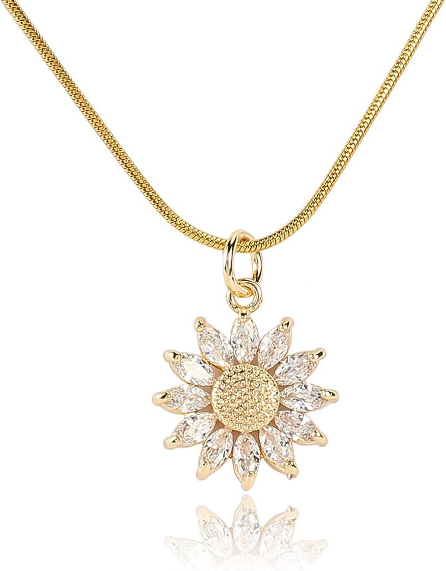 14K Gold Plated Sunflower Necklace for Women Teen Girls Friendship Sunflower Gifts for Mom, Girlfriend, Sunshine Flowers Necklace Shiny Cubic Zirconia Petals Chain Length 16"+4" Extender