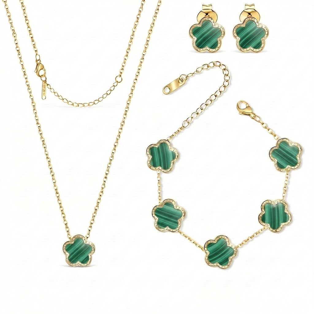 SHINYY Five Leaf Clover Jewelry Set for Women | 18K Gold Plated Bracelet Necklace Earrings | 5 Leaf Lucky Pendant and Ear Studs for Her