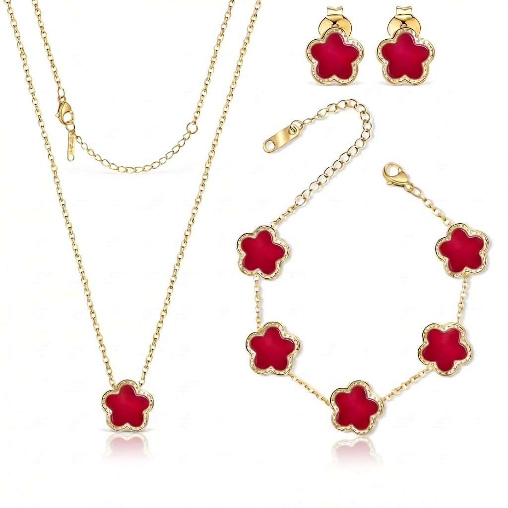 SHINYY Five Leaf Clover Jewelry Set for Women | 18K Gold Plated Bracelet Necklace Earrings | 5 Leaf Lucky Pendant and Ear Studs for Her