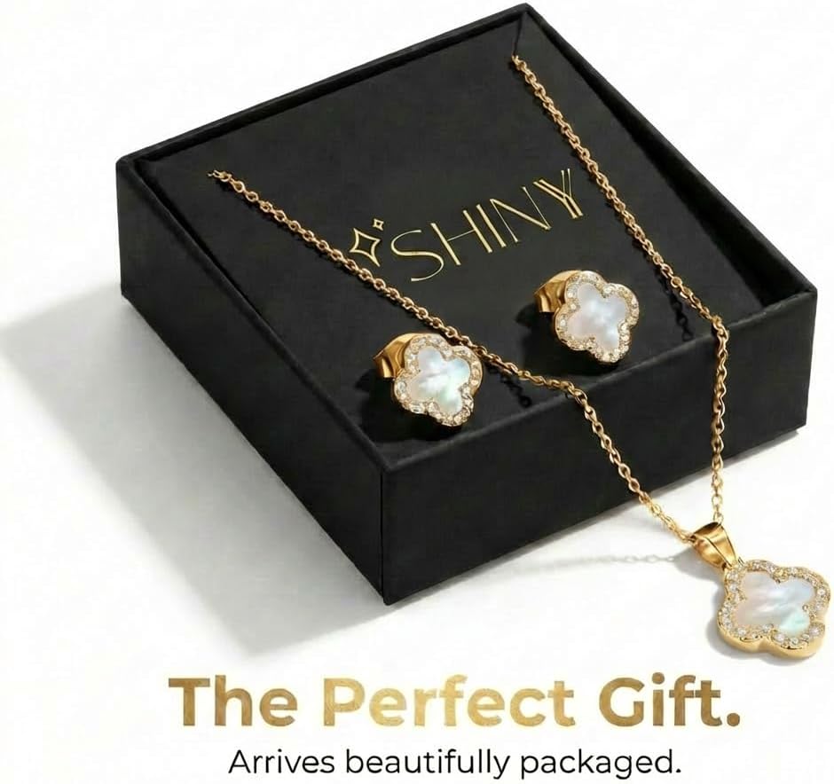SHINYY Four Leaf Crystal Clover Necklace Earring Set for Women | 18K Gold Plated Cubic Zirconia Bracelet | 4 Leaf Lucky Pendant and Ear Studs | Jewelry Gift for Her