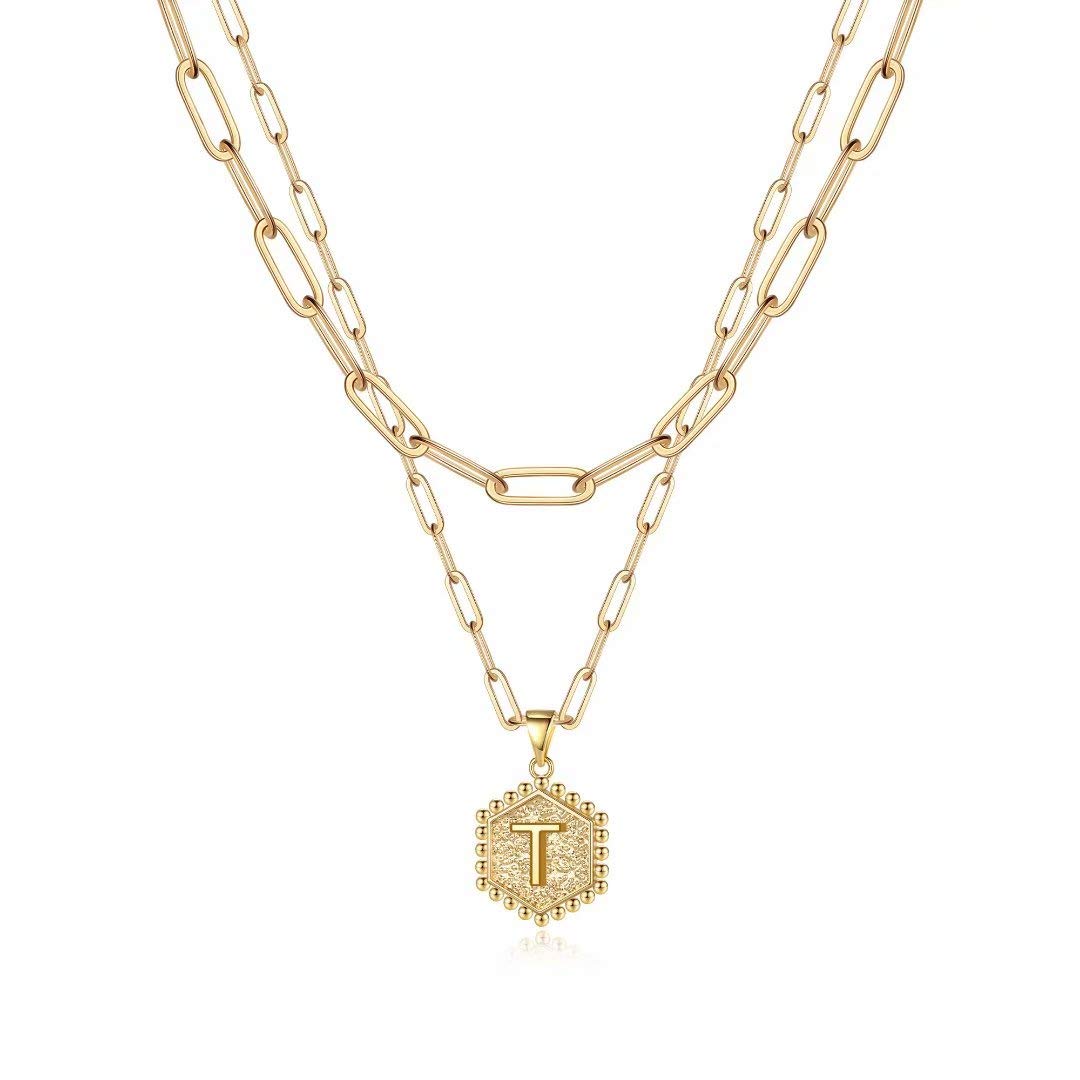 M MOOHAM Dainty Initial Necklaces for Women, 14K-Gold-Plated Layering Necklace for Women Cute Hexagon Letter Initial Necklace Layered Necklaces for Womens Teen Girl Gifts