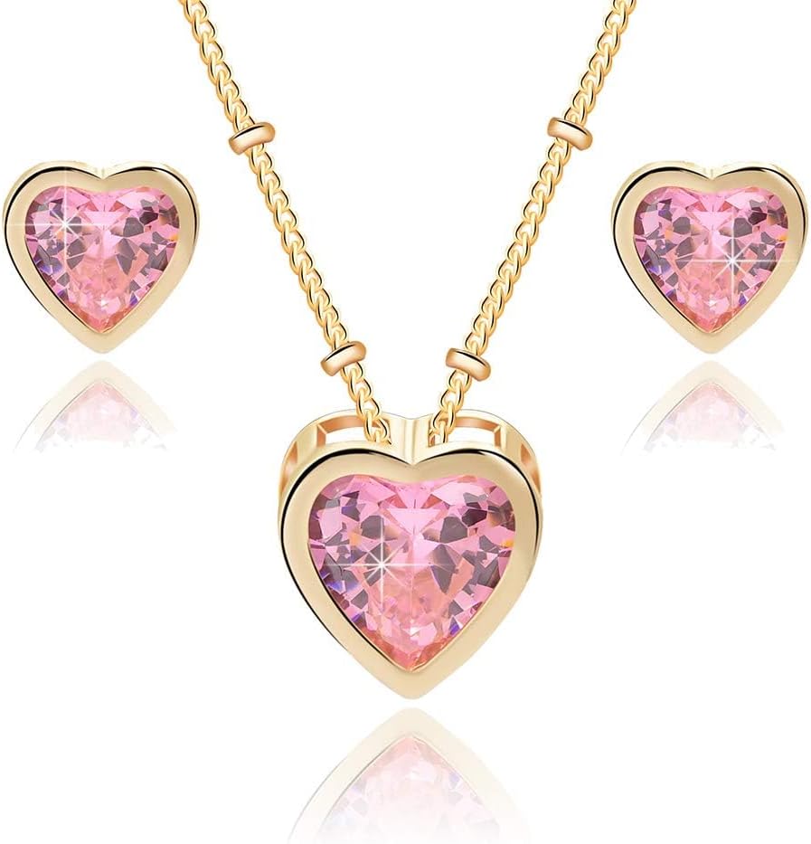 EVEVIC Austrian Crystal Heart Pendant Necklace Earrings for Women 14K Gold Plated Hypoallergenic Jewelry Set