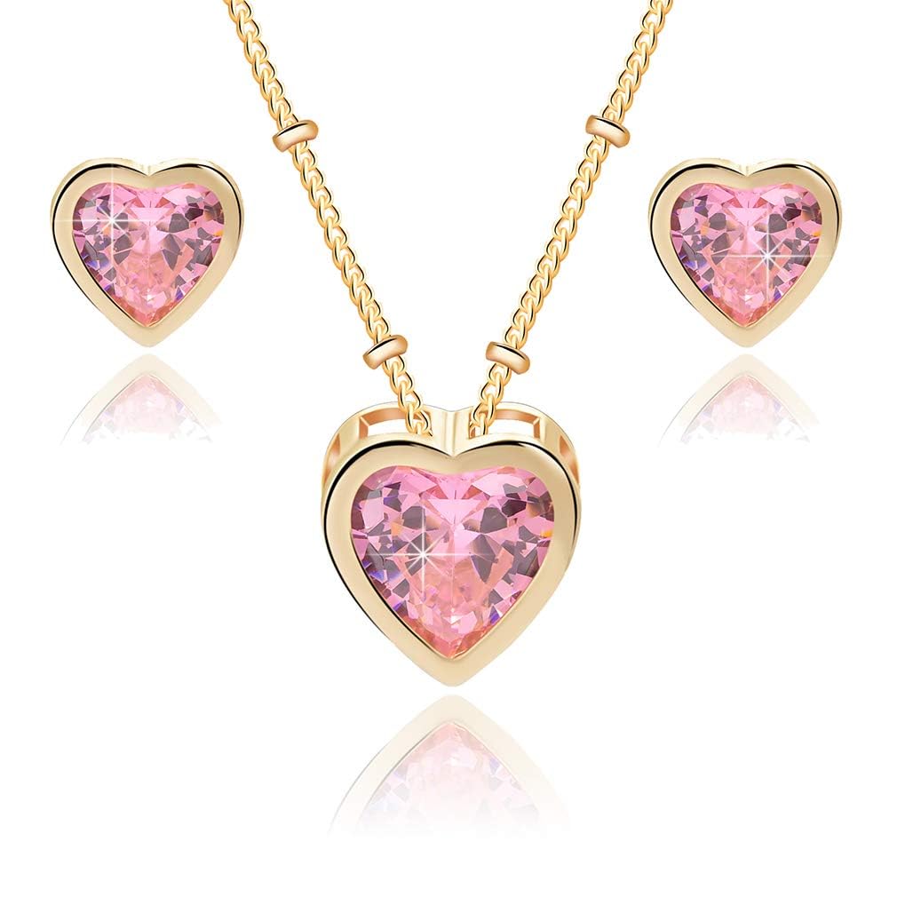 EVEVIC Austrian Crystal Heart Pendant Necklace Earrings for Women 14K Gold Plated Hypoallergenic Jewelry Set