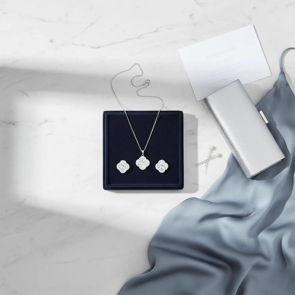 Four Leaf Clover Necklace and Earrings Set for Women, Clover Jewelry Set with Pendant Necklace and Stud Earrings, Brilliant Cubic Zirconia, Polished Metal Setting, Hypoallergenic, & Lightweight