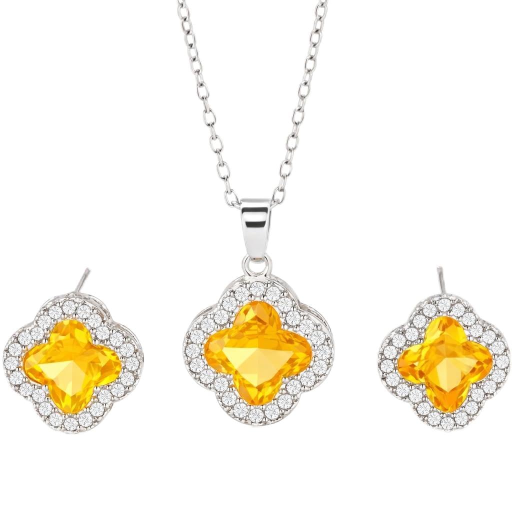 Four Leaf Clover Necklace and Earrings Set for Women, Clover Jewelry Set with Pendant Necklace and Stud Earrings, Brilliant Cubic Zirconia, Polished Metal Setting, Hypoallergenic, & Lightweight