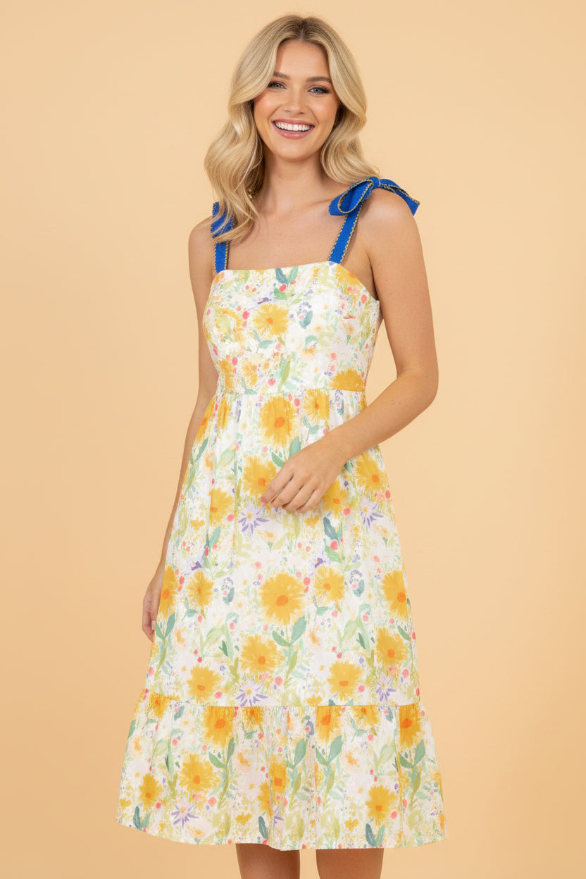 Floral Denim Tie Strap High Waist Maxi Dress