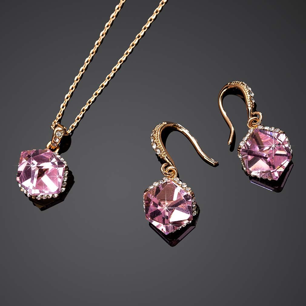 EVEVIC Colorful Cubic Austrian Crystal Pendant Necklace Earrings for Women 14K Gold Plated Hypoallergenic Jewelry Set