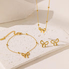 WETMT 4Pcs 14K Gold Plated Bow Necklace Earring Bracelet Anklet Set for Women Cute Dainty Stainless Steel Chain Bow Pendent Choker Necklace Set Stuff Personalized Jewelry Gift