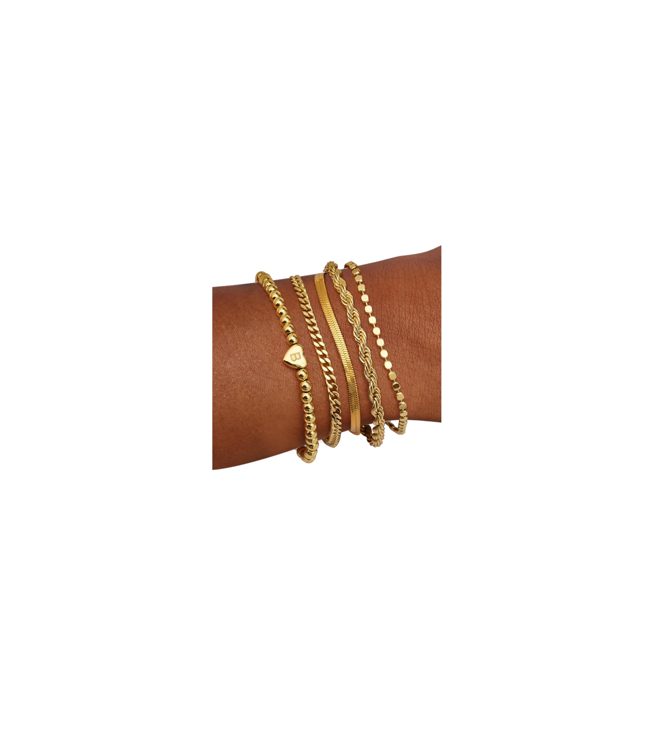 doubgood Gold Bracelets for Women Stackable, 14K Gold Plated Waterproof Bracelet Set, Dainty Adjustable Gold Bracelet Stack with Heart Initial Charm Layered Chain Jewelry Gifts for Women