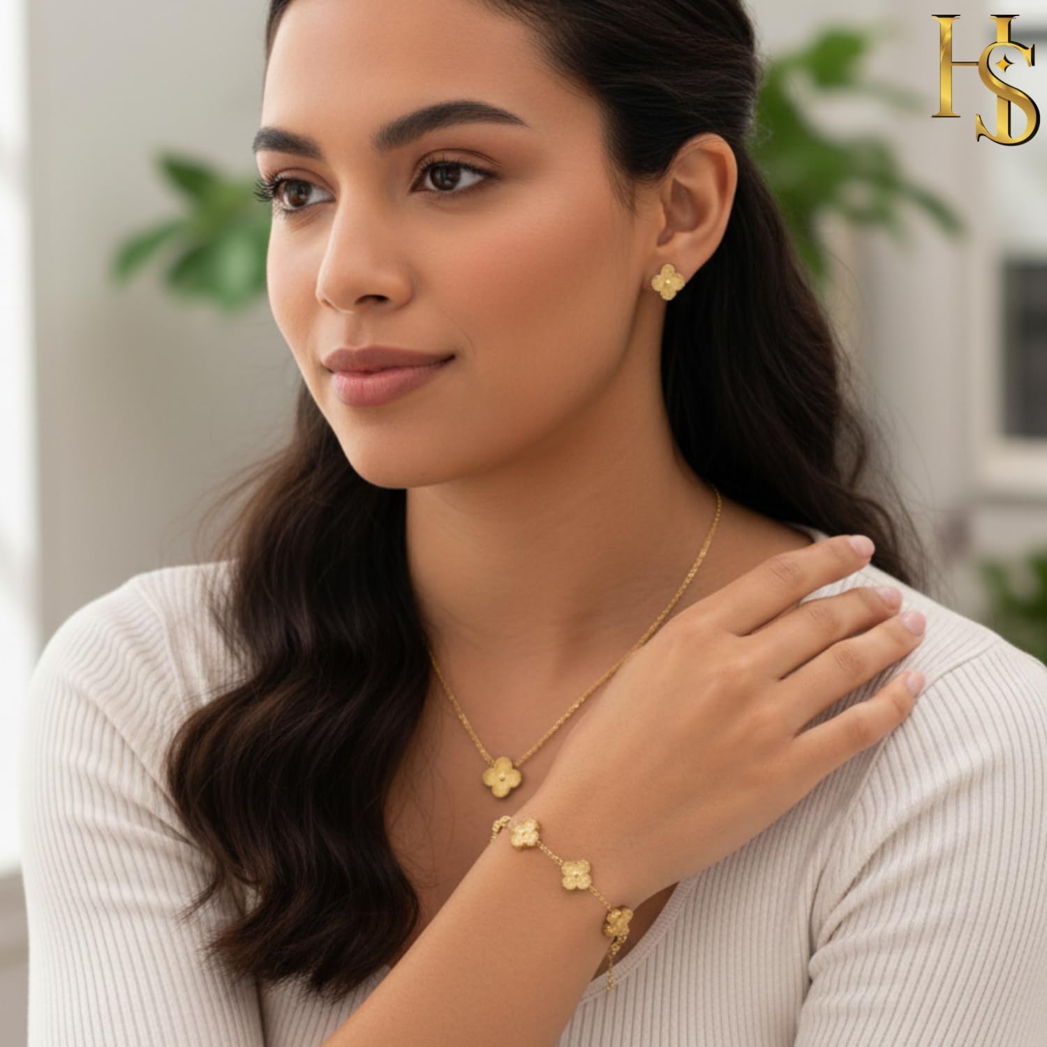 HighSpark Four Leaf Jewelry Set for Women | Designer Clover Necklace Earrings Bracelet Set | Lovely Gift