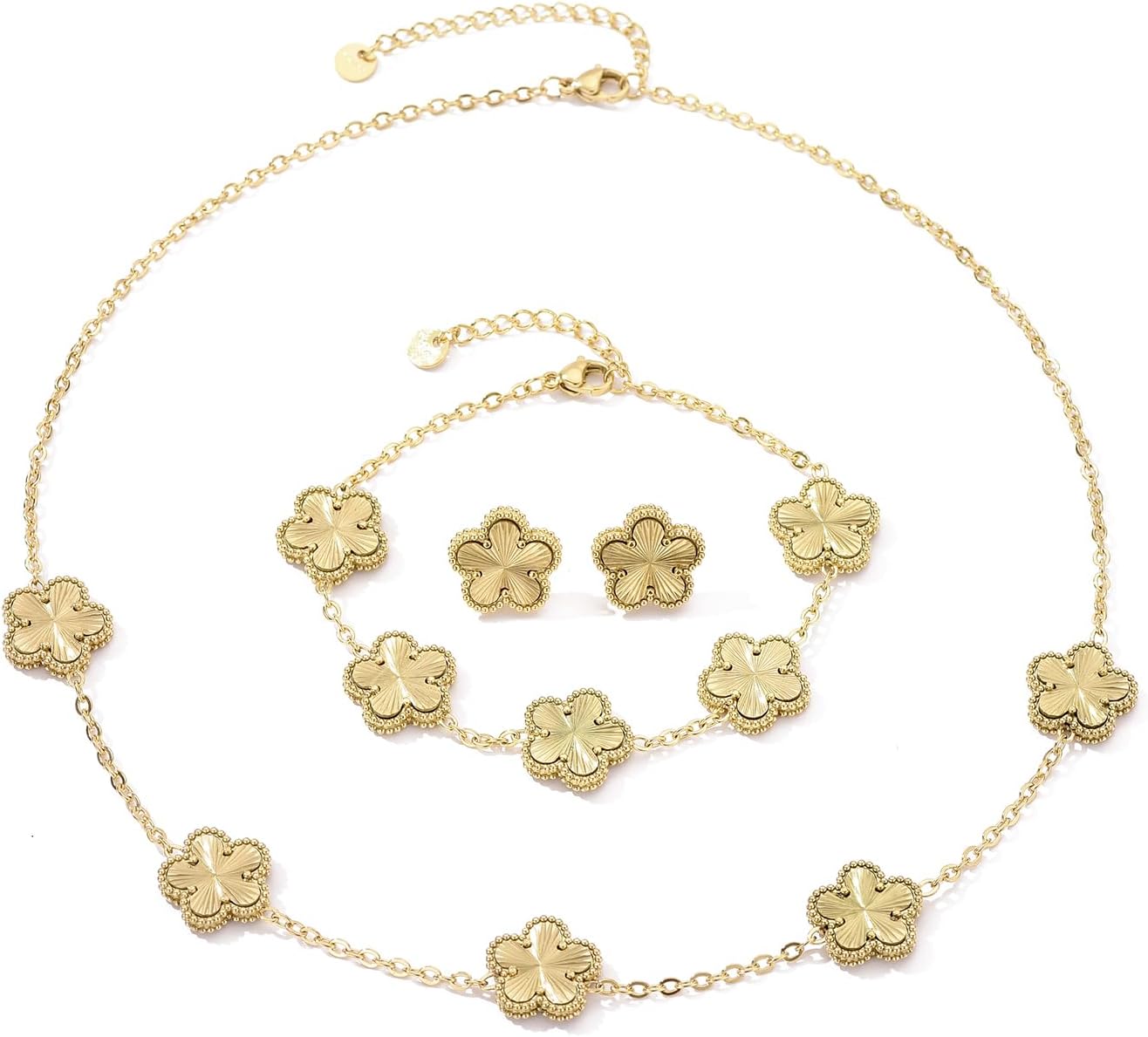 Clover Neckalce Bracelet Earring Set for Women 14K Gold Plated Stainless Steel Four Leaf Clover Jewelry Set