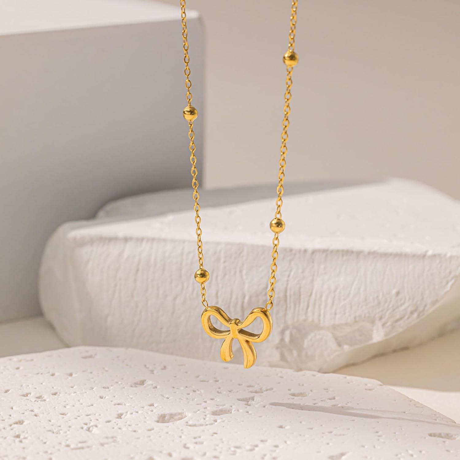WETMT 4Pcs 14K Gold Plated Bow Necklace Earring Bracelet Anklet Set for Women Cute Dainty Stainless Steel Chain Bow Pendent Choker Necklace Set Stuff Personalized Jewelry Gift