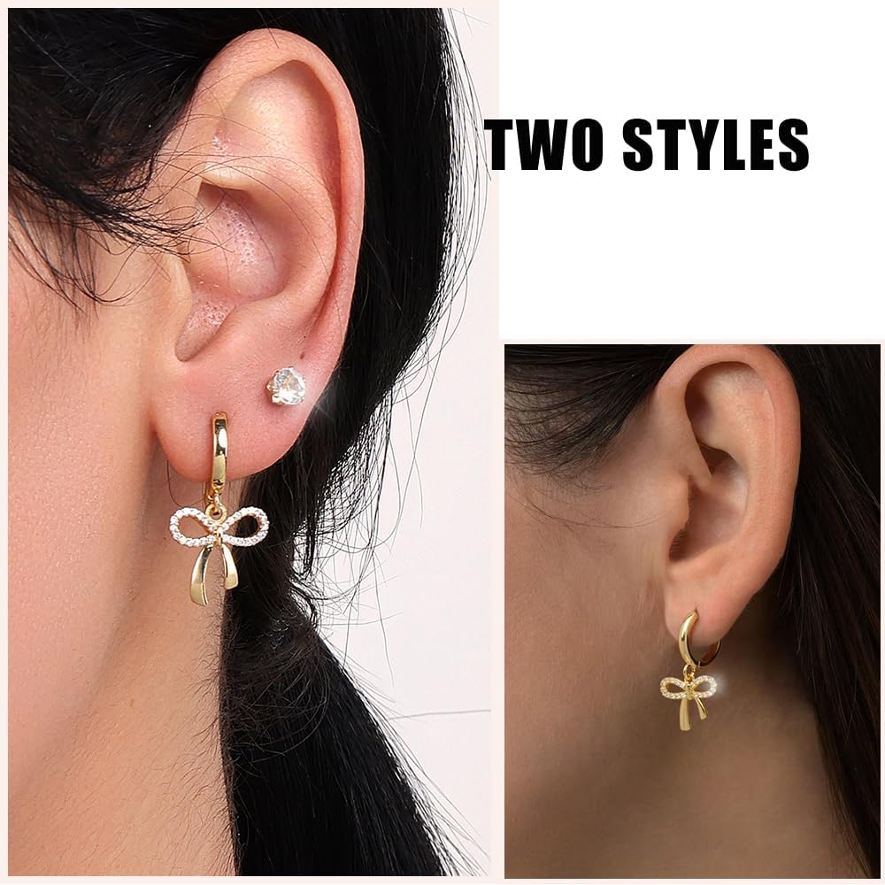 Bow Necklace Earrings for Women 14K Gold Plated Bowknot Choker Dainty Bow Earring Wedding Prom Fashion Jewelry Set Gifts (style - Zirconia bow)