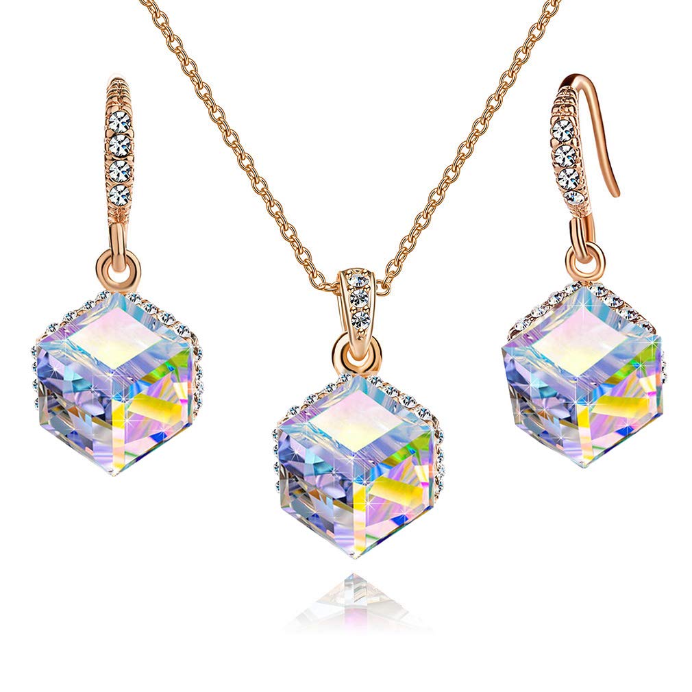 EVEVIC Colorful Cubic Austrian Crystal Pendant Necklace Earrings for Women 14K Gold Plated Hypoallergenic Jewelry Set