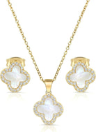 SHINYY Four Leaf Crystal Clover Necklace Earring Set for Women | 18K Gold Plated Cubic Zirconia Bracelet | 4 Leaf Lucky Pendant and Ear Studs | Jewelry Gift for Her