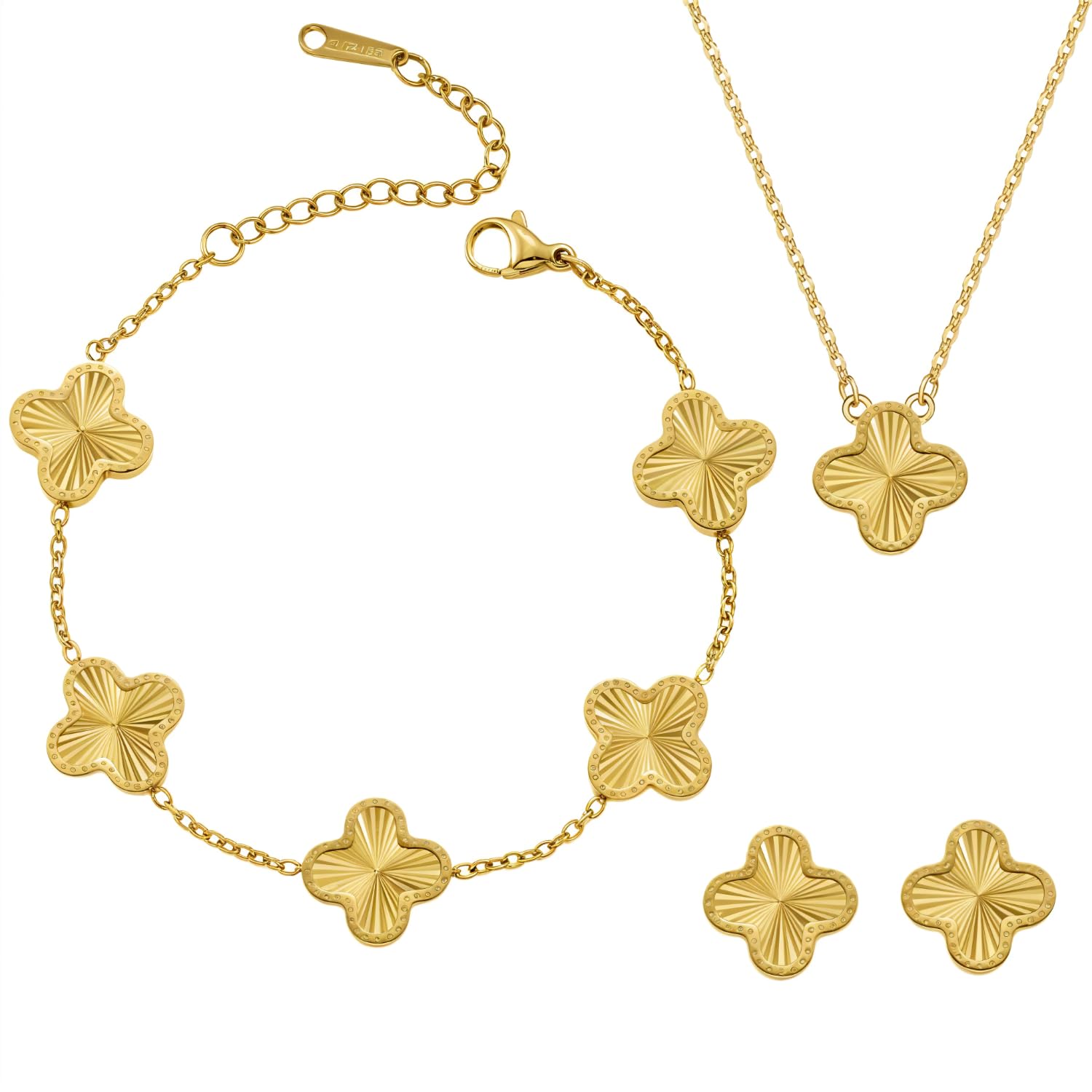HighSpark Four Leaf Jewelry Set for Women | Designer Clover Necklace Earrings Bracelet Set | Lovely Gift