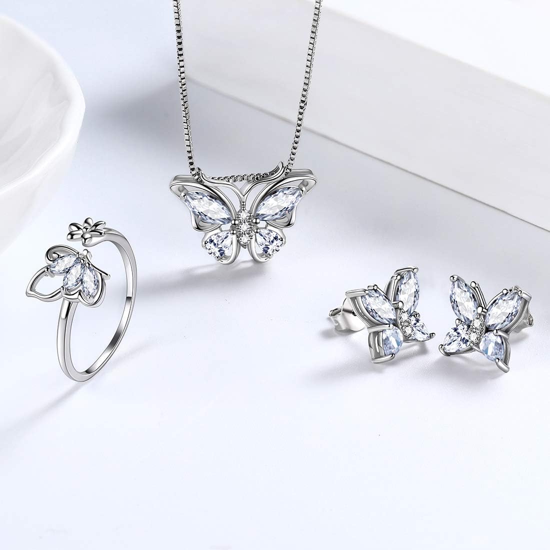 Aurora Tears Butterfly Jewelry,Women 925 Sterling Silver Butterflies Birthstone Pendant Necklace/Earrings/Rings Wedding Gift