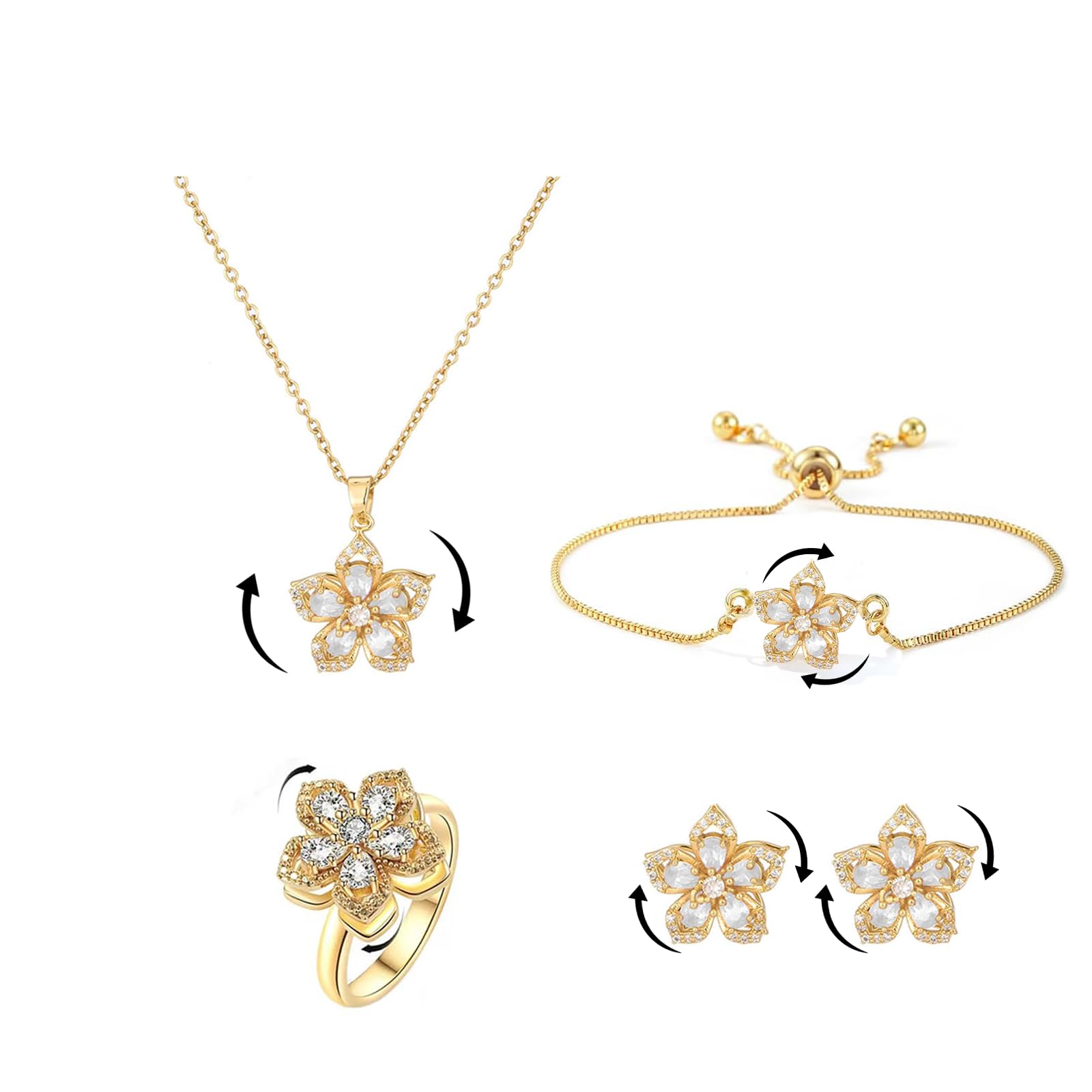 Necklace for Women Gold Flower Fidget Necklace Rotatable Crystal Silver Blossom Pendant Necklaces Adjustable Spinning Fidget Necklaces Redbud Flower Choker Funny Gift Jewelry