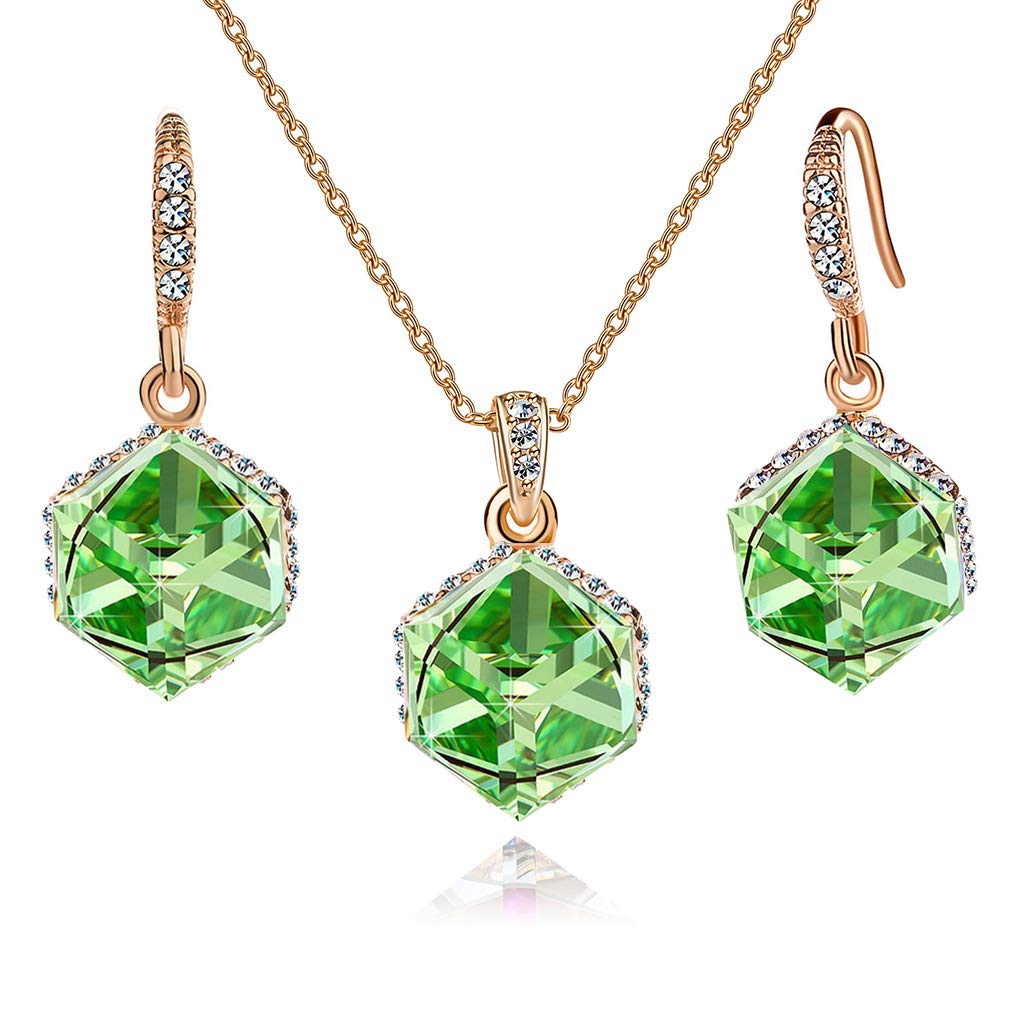 EVEVIC Colorful Cubic Austrian Crystal Pendant Necklace Earrings for Women 14K Gold Plated Hypoallergenic Jewelry Set