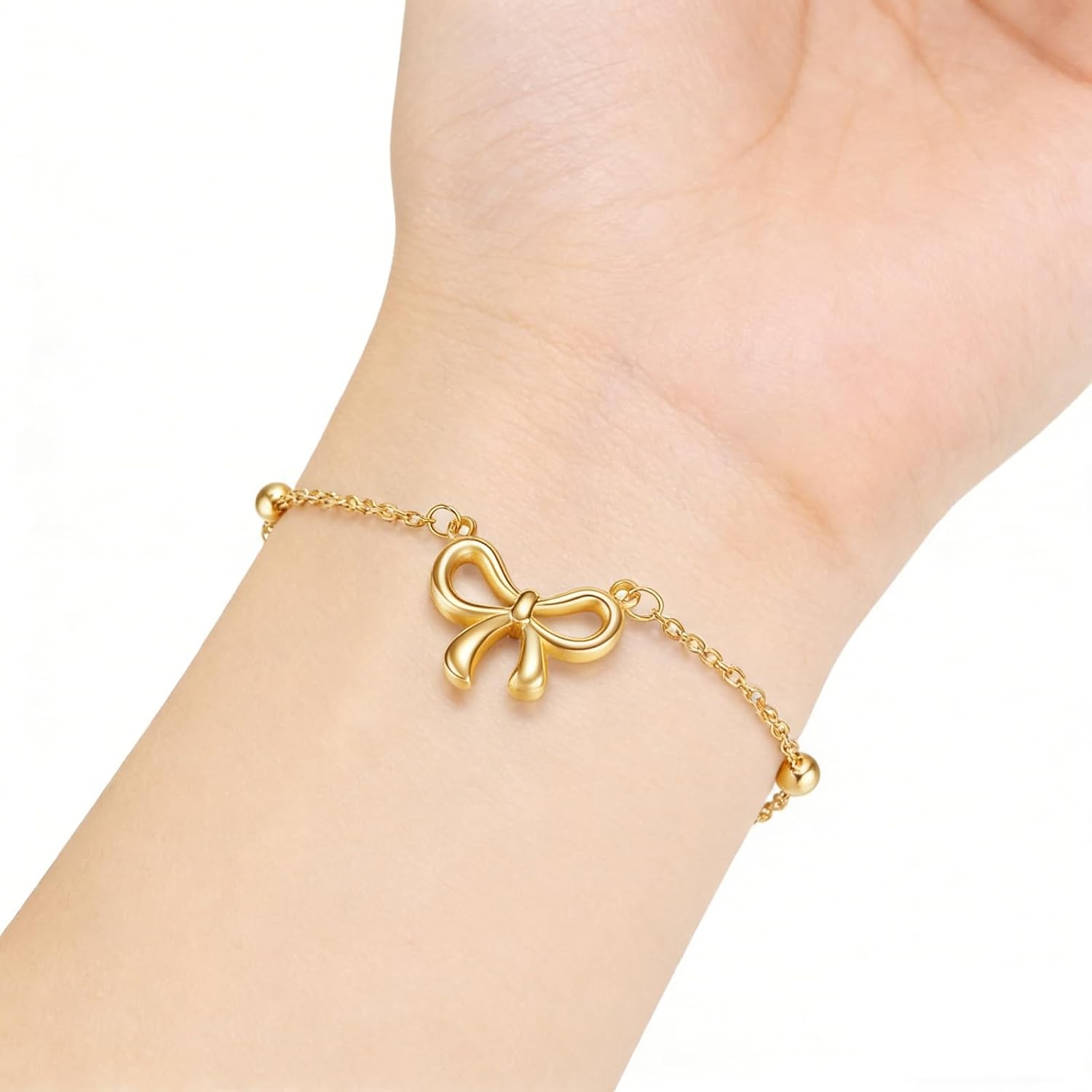 WETMT 4Pcs 14K Gold Plated Bow Necklace Earring Bracelet Anklet Set for Women Cute Dainty Stainless Steel Chain Bow Pendent Choker Necklace Set Stuff Personalized Jewelry Gift